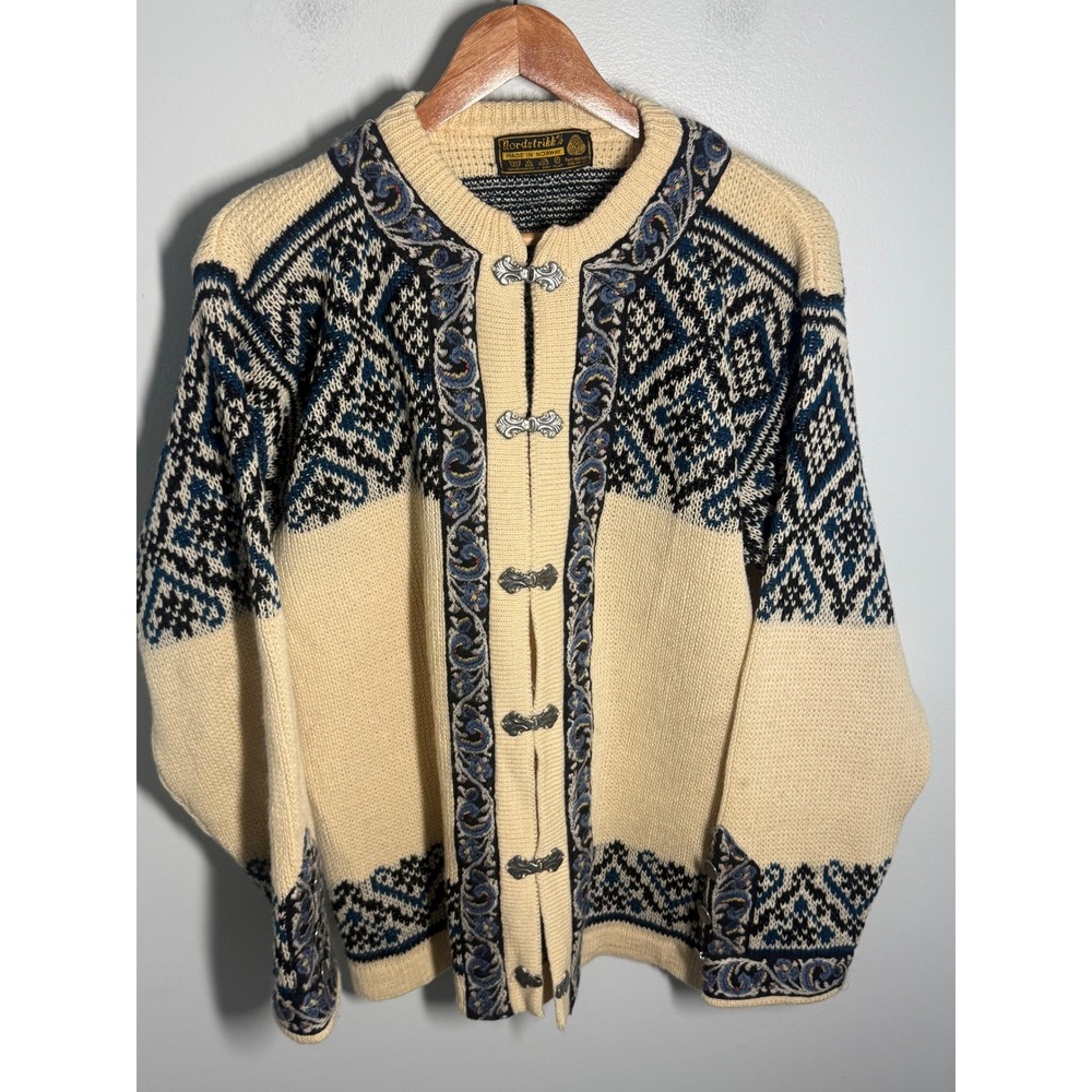 Nordstrikk Norway Wool Cardigan Sweater Silver Clasps Fair Isle Nordic Cream L
